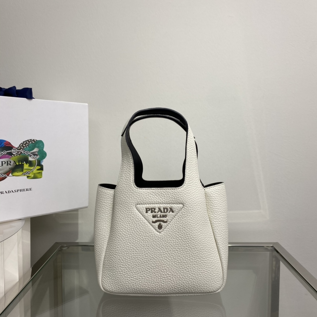 Prada Mini Leather Bag Shoulder Bag Tote White/Black 1BA349